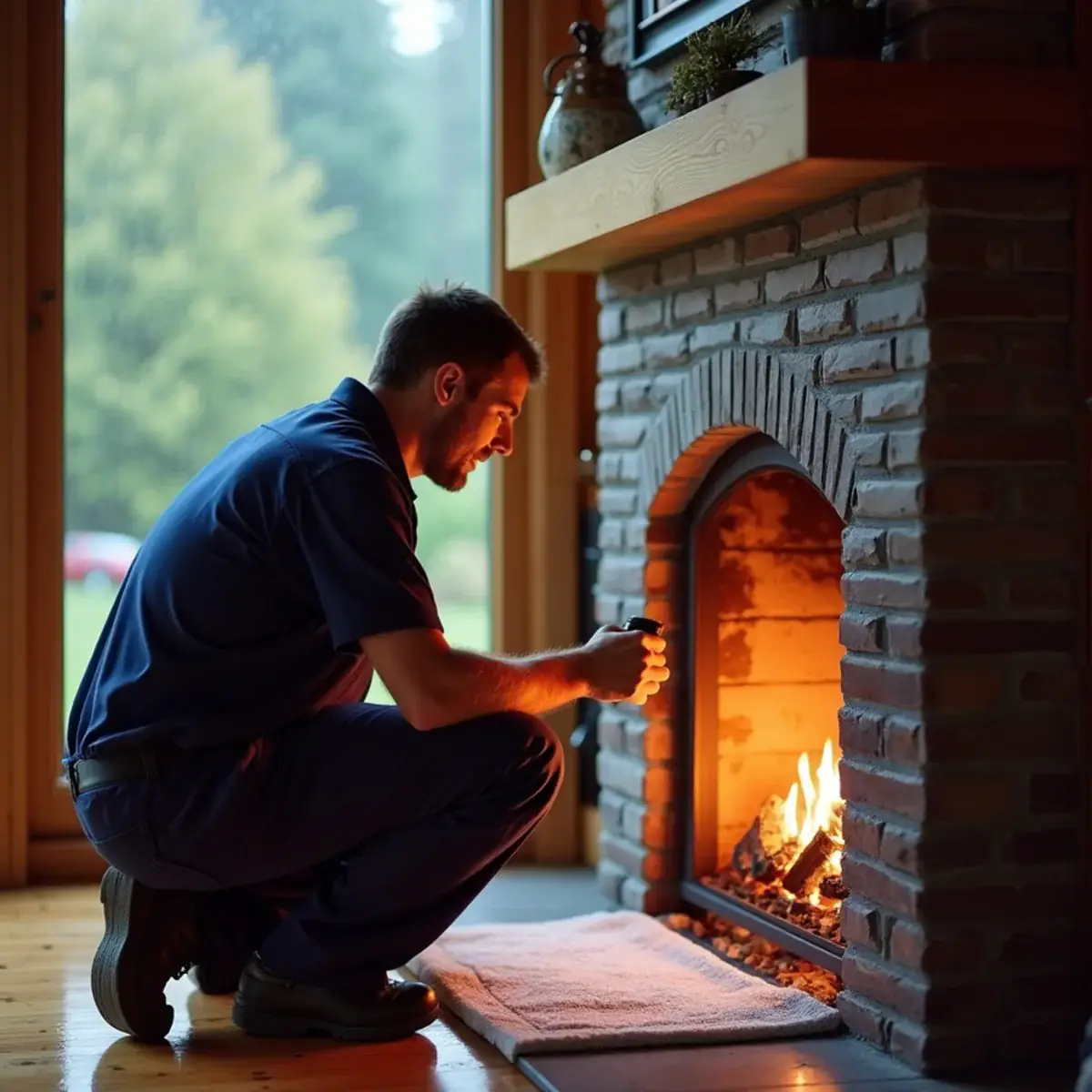 Technician servicing a gas fireplace burner in a Poulsbo, WA living room