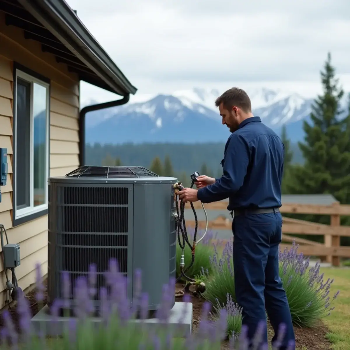 Heat pump outdoor unit beside a gas meter at a Sequim, WA home with the Olympic Mountains behind