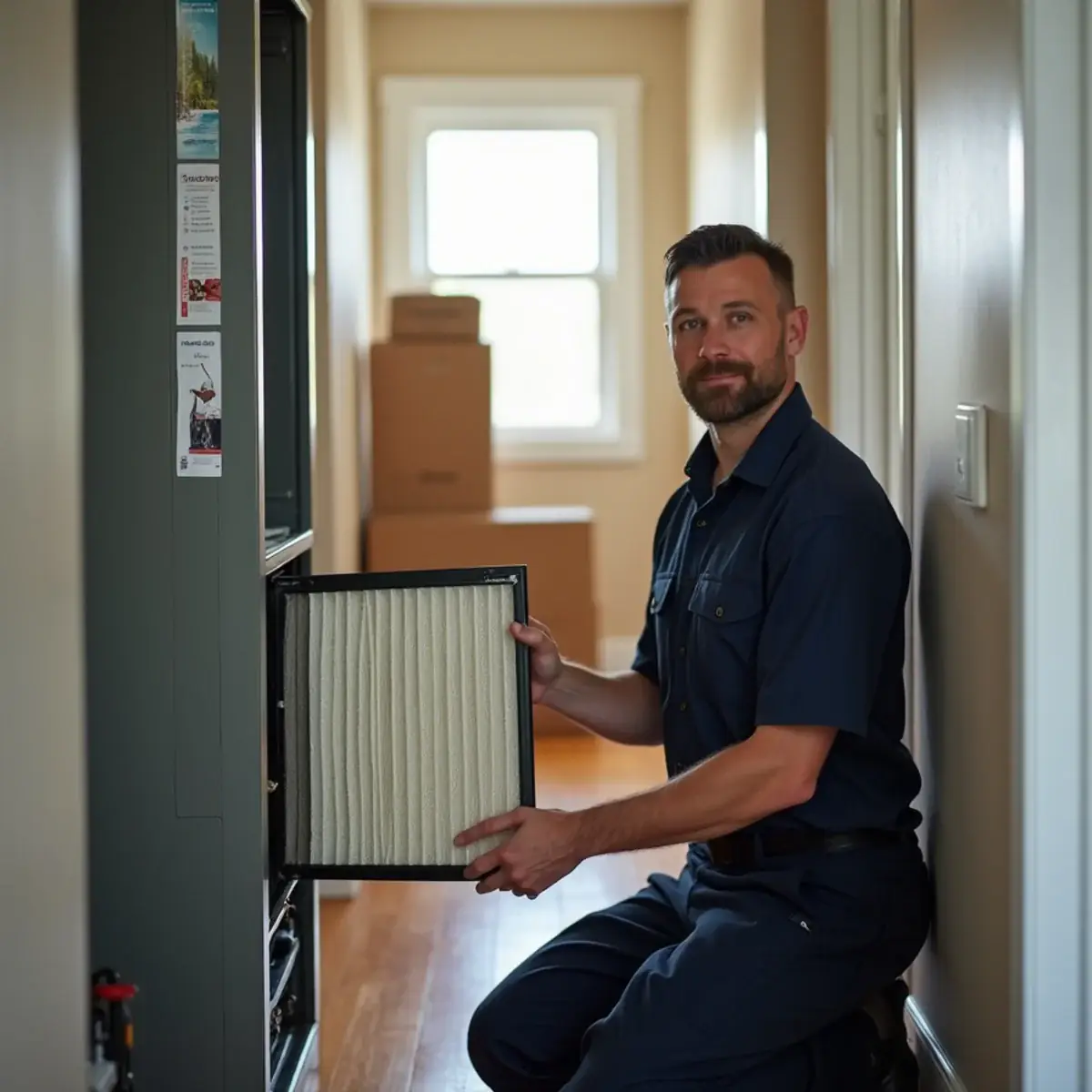 Technician showing a family how to change a furnace filter in a Silverdale, WA rental home