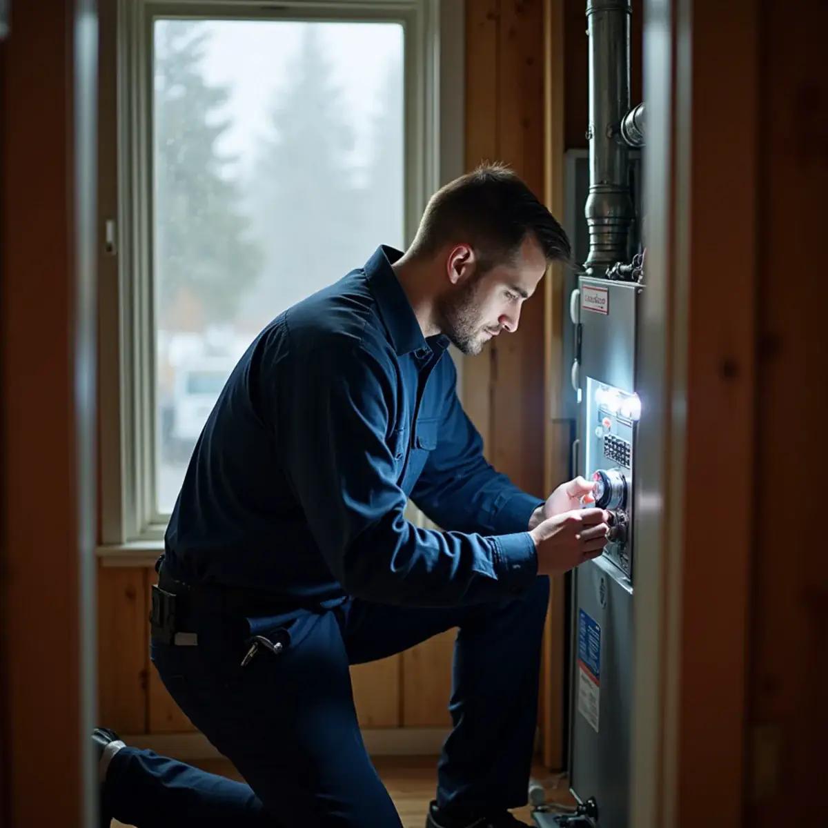 Technician checking a gas furnace status light in a Bremerton, WA utility closet during a cold snap