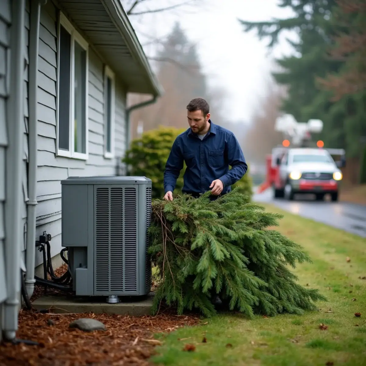 Heat pump outdoor unit beside a Port Orchard home after a Kitsap County windstorm with fir branches on the lawn