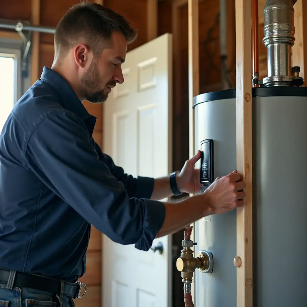 Technician installing seismic straps on a gas water heater in a Port Orchard, WA garage