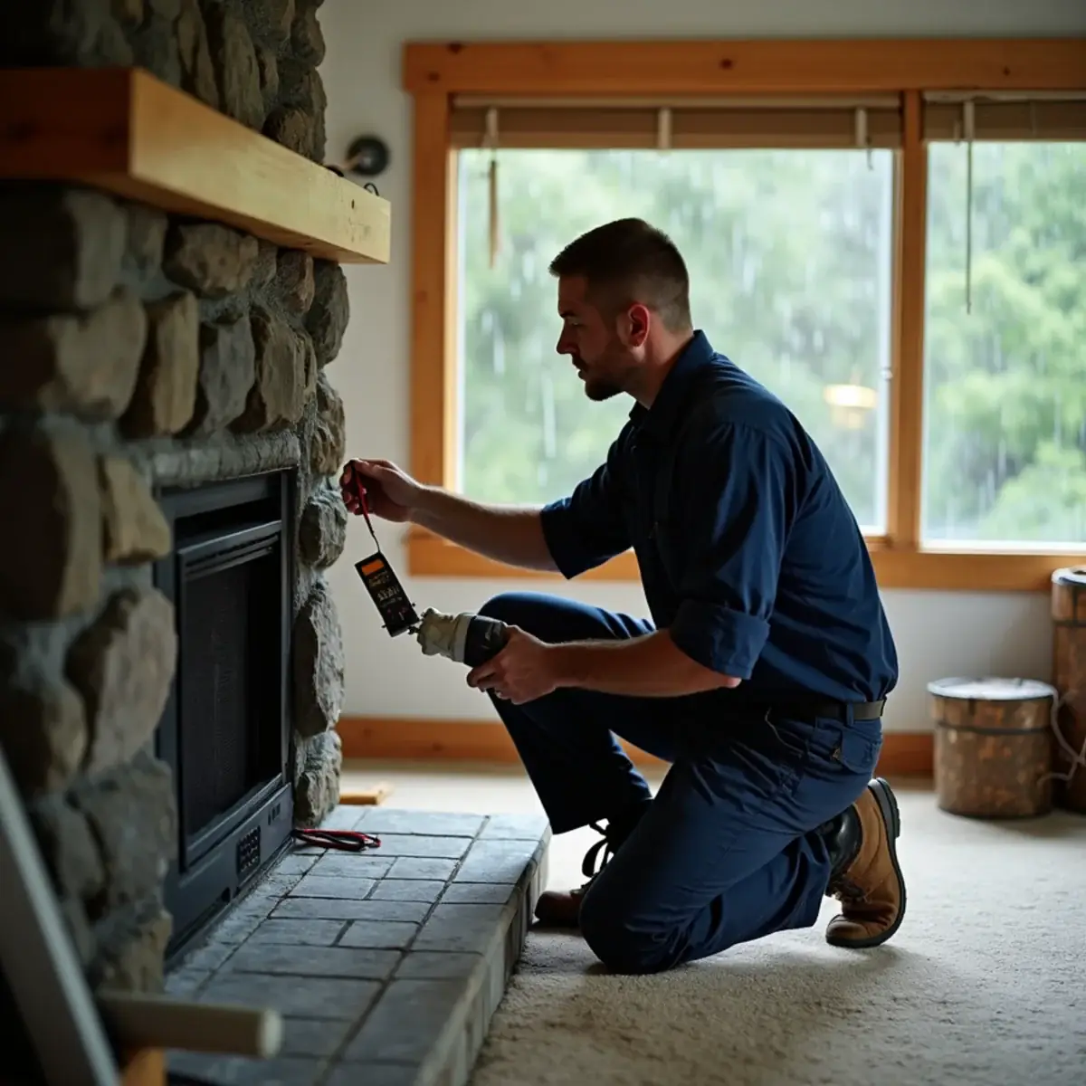 Technician servicing a gas fireplace pilot assembly in a Bremerton, WA living room