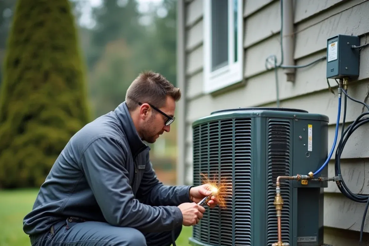 HVAC technician brazing refrigerant lines on a new heat pump at a Bremerton, WA home
