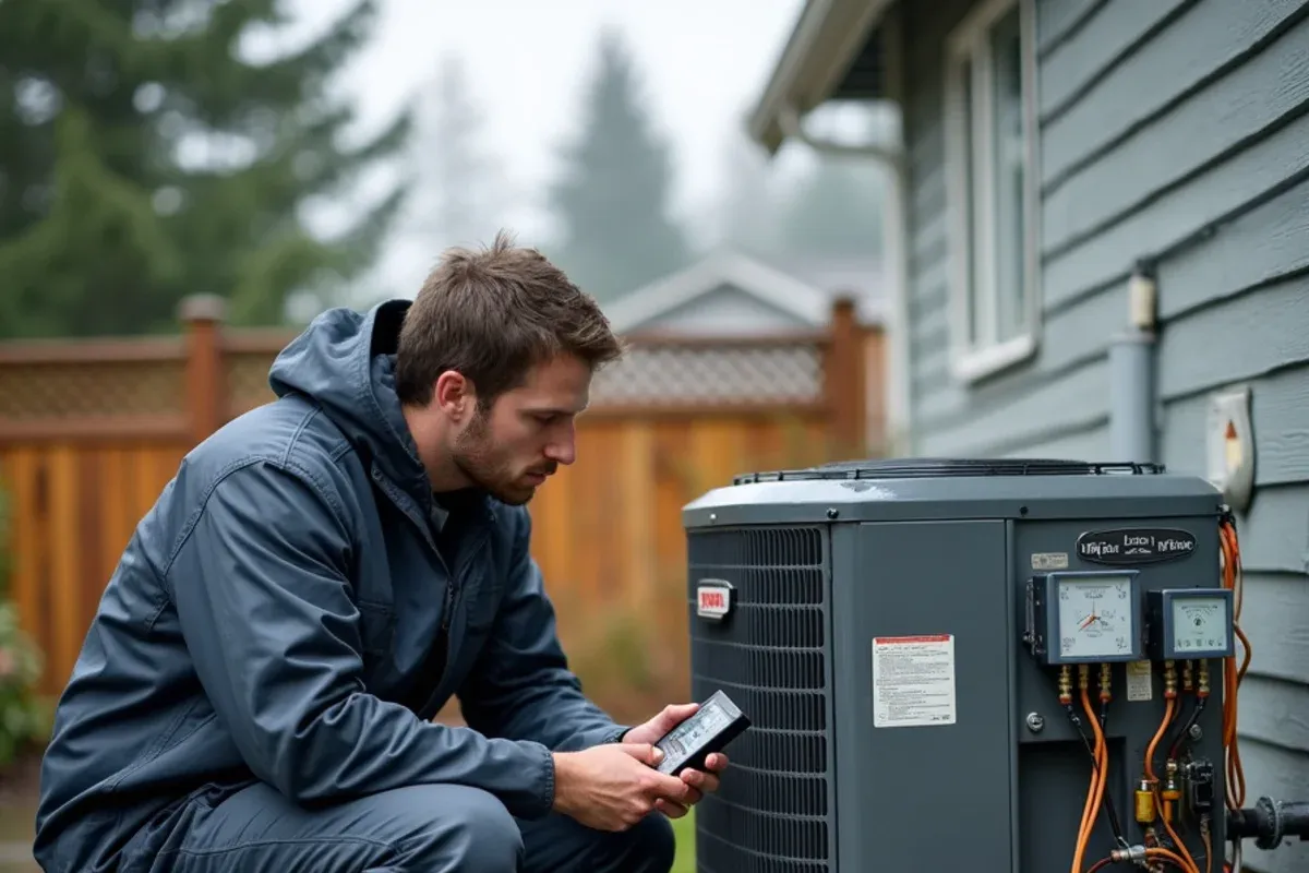 Technician reading refrigerant pressures on a heat pump with digital gauges during heat pump repair in Bremerton, WA