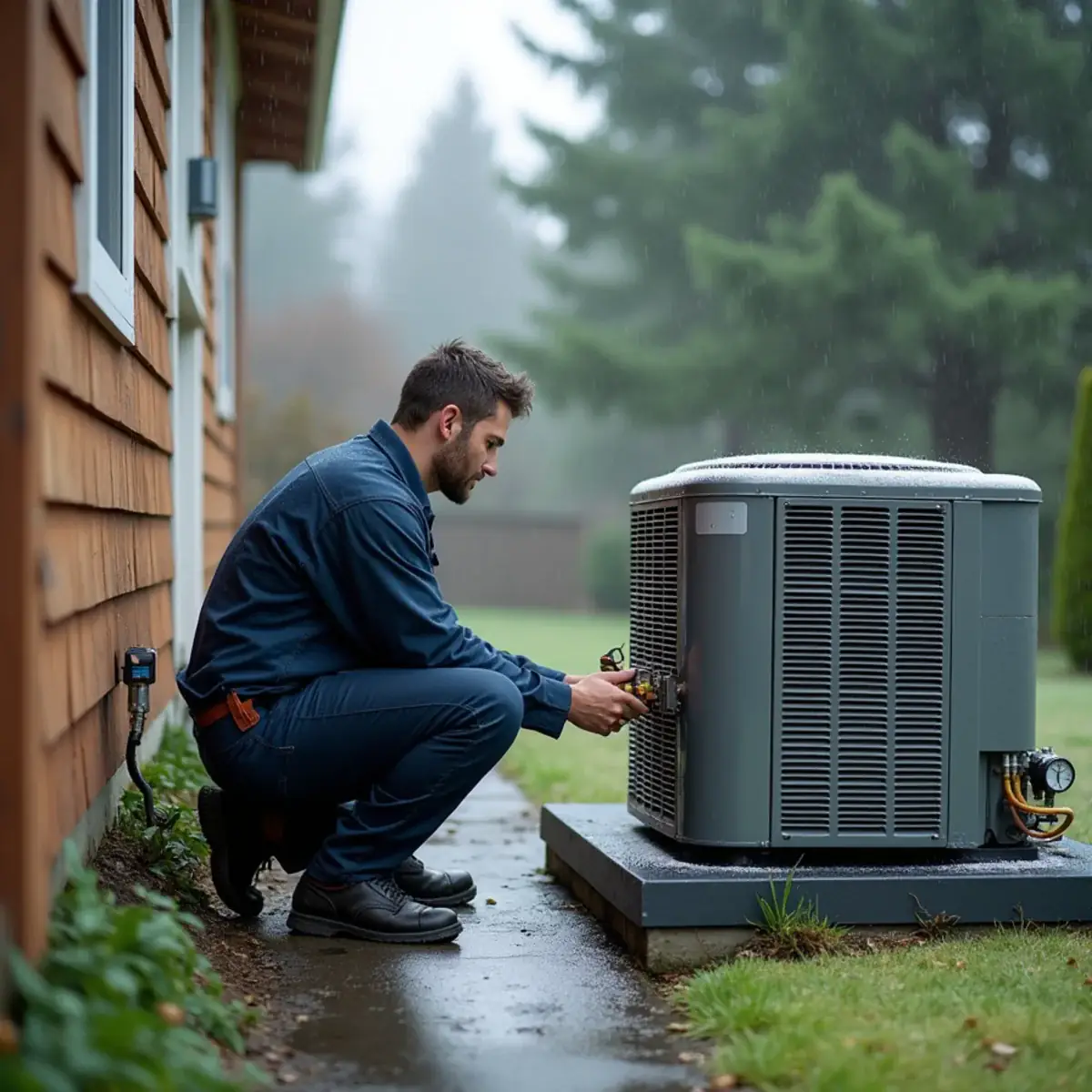 Technician repairing a frosted outdoor heat pump at a home in Bremerton, WA