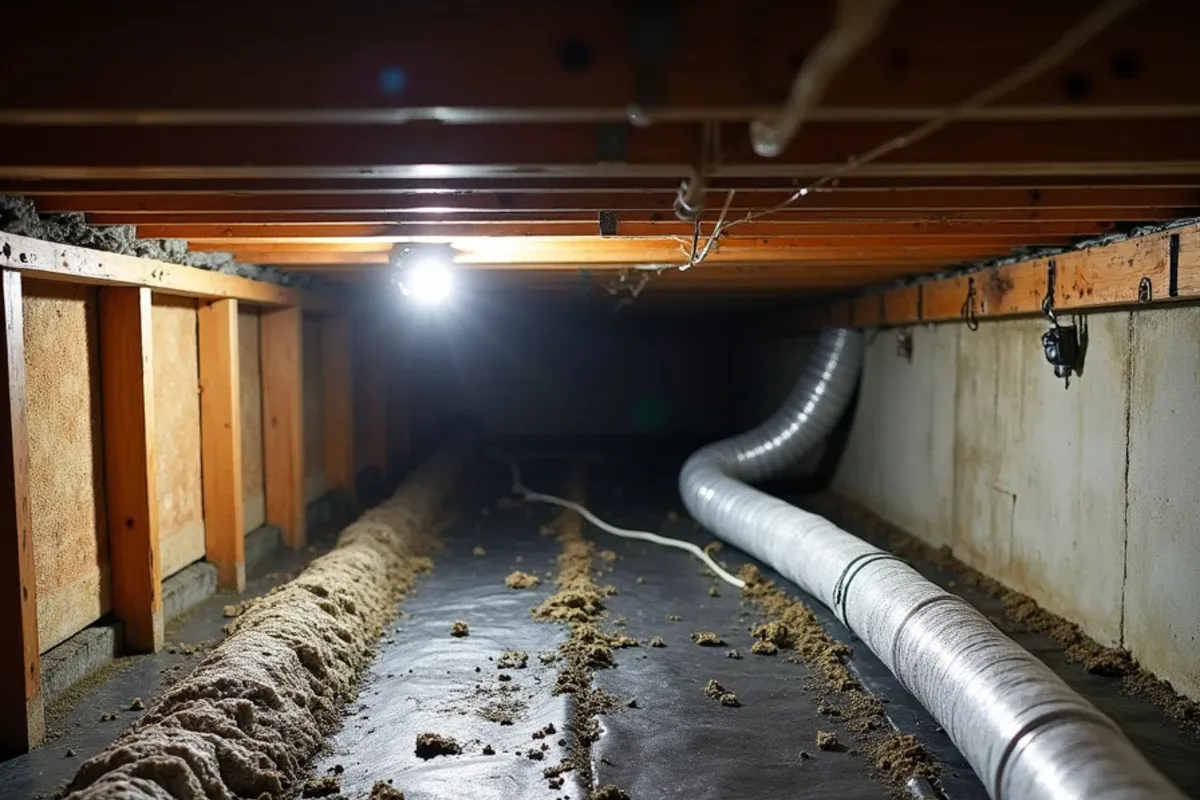 Crushed crawl space flex duct beside a newly installed sealed and insulated duct run in a Bremerton, WA home