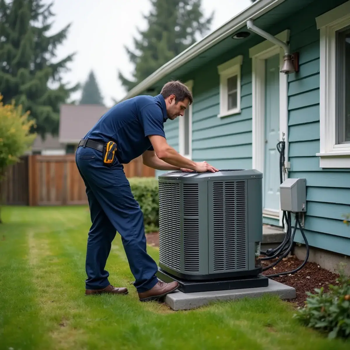 Technician setting a new outdoor heat pump beside a 1950s rambler in Bremerton, WA