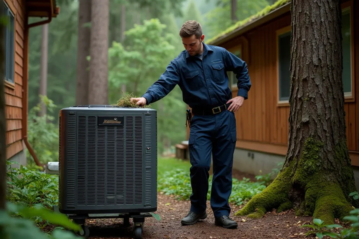 Technician clearing fir needles from a heat pump on a raised stand at a shaded wooded home in Artondale, WA