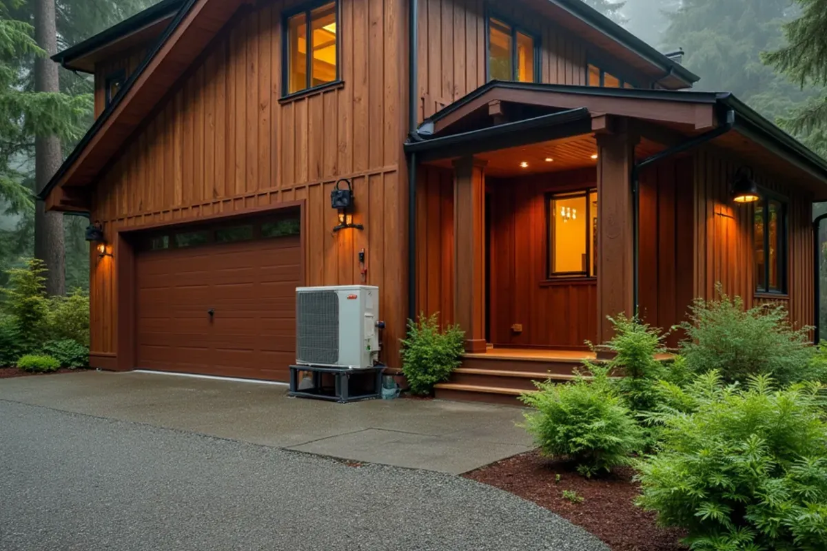 Ductless heat pump outdoor unit beside a 1980s cedar home in the wooded interior of Bainbridge Island, WA