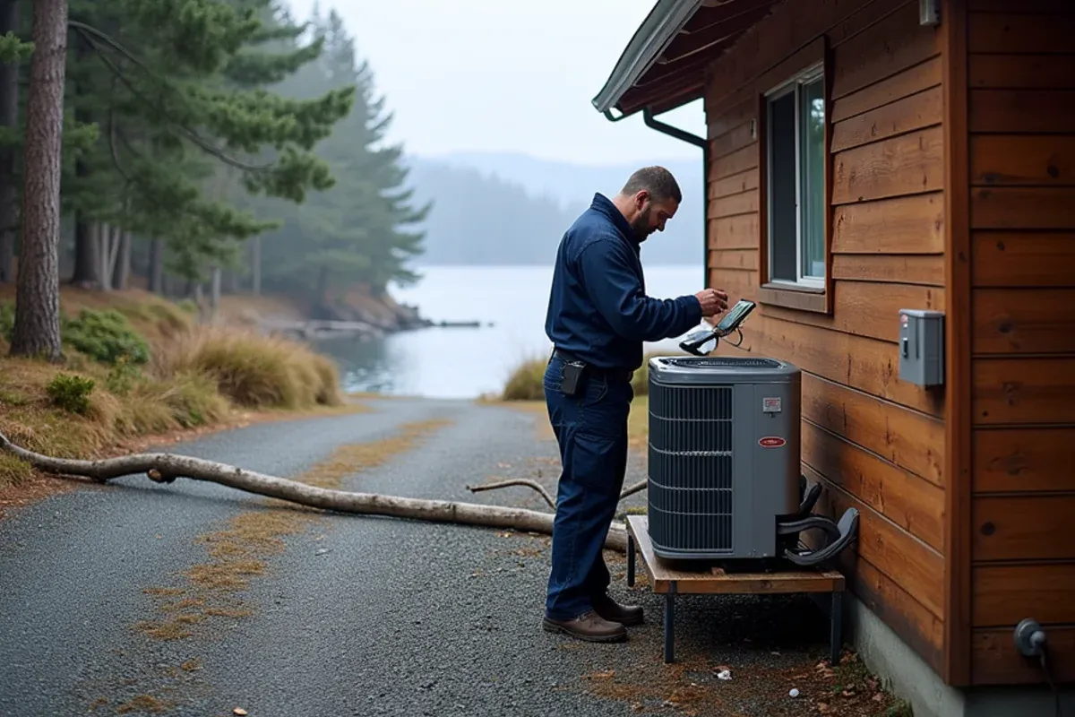 Heat pump and propane fireplace vent on a Hood Canal waterfront home in Brinnon, WA, planned for storm outages
