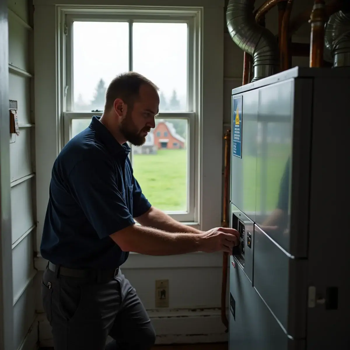 Technician servicing a propane furnace in a Chimacum, WA farmhouse