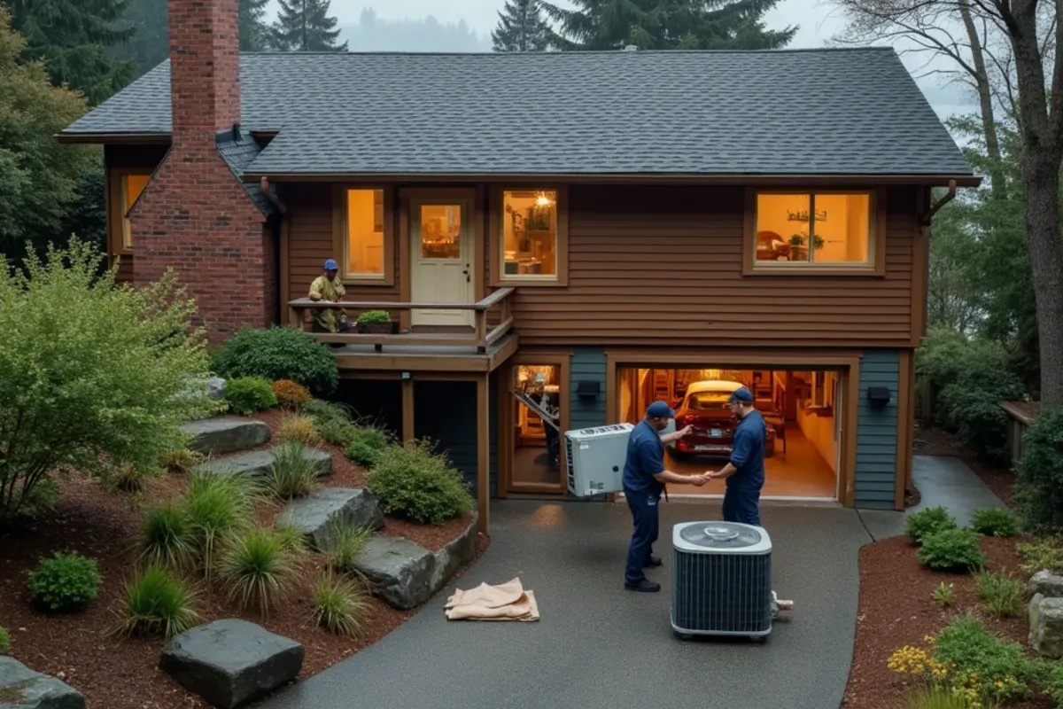 Aging gas furnace being removed from a 1960s daylight rambler on a hillside above Puget Sound in Edmonds, WA