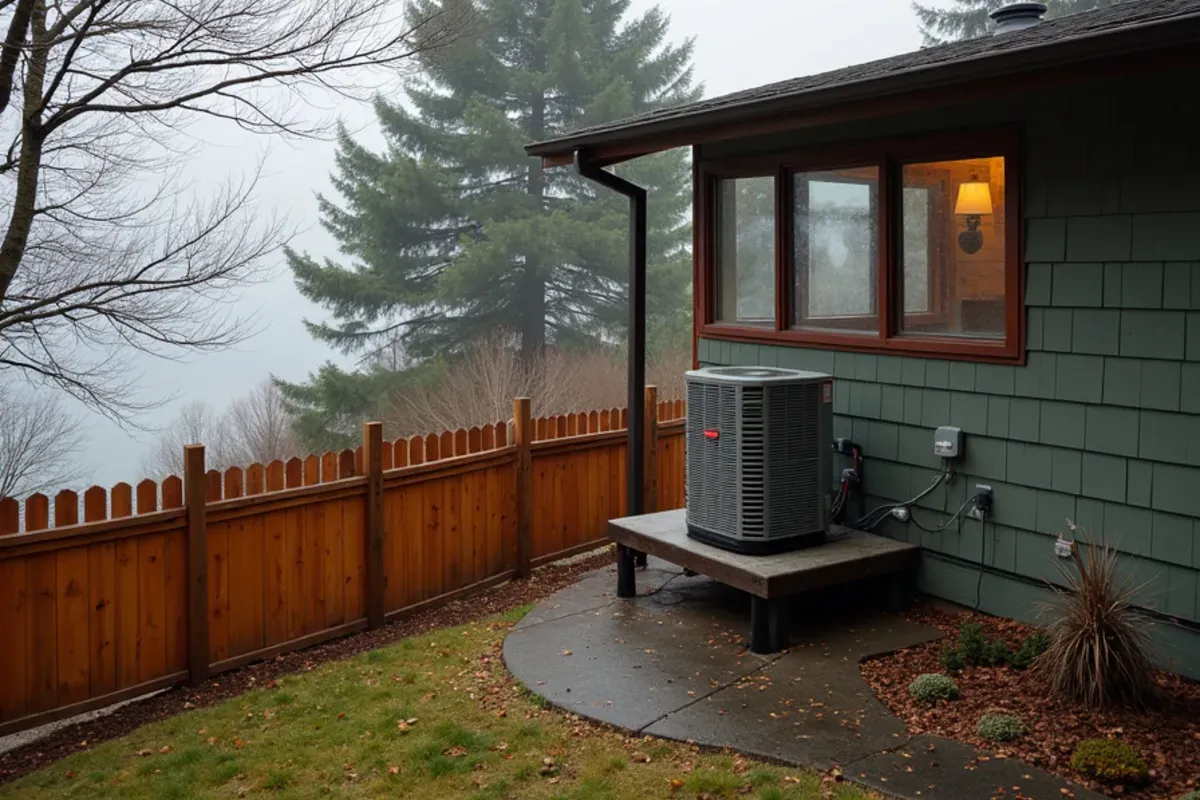 Heat pump on a stand sheltered behind a hillside view home in Enetai, East Bremerton, WA
