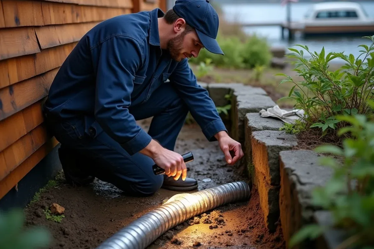 Technician inspecting sagging crawlspace ductwork under a lakefront home on Kitsap Lake, WA
