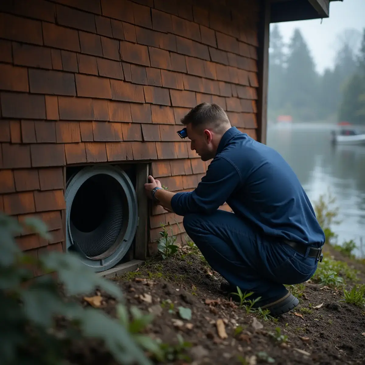 HVAC technician inspecting crawlspace ductwork at a lakefront home on Kitsap Lake, WA
