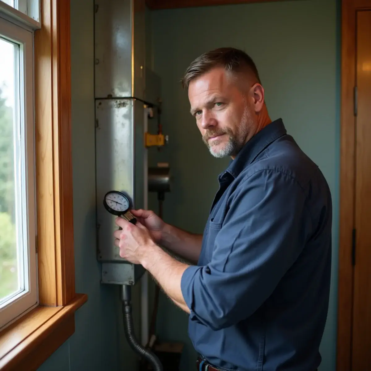 Technician testing duct airflow at a mid-century rambler in Fircrest, WA