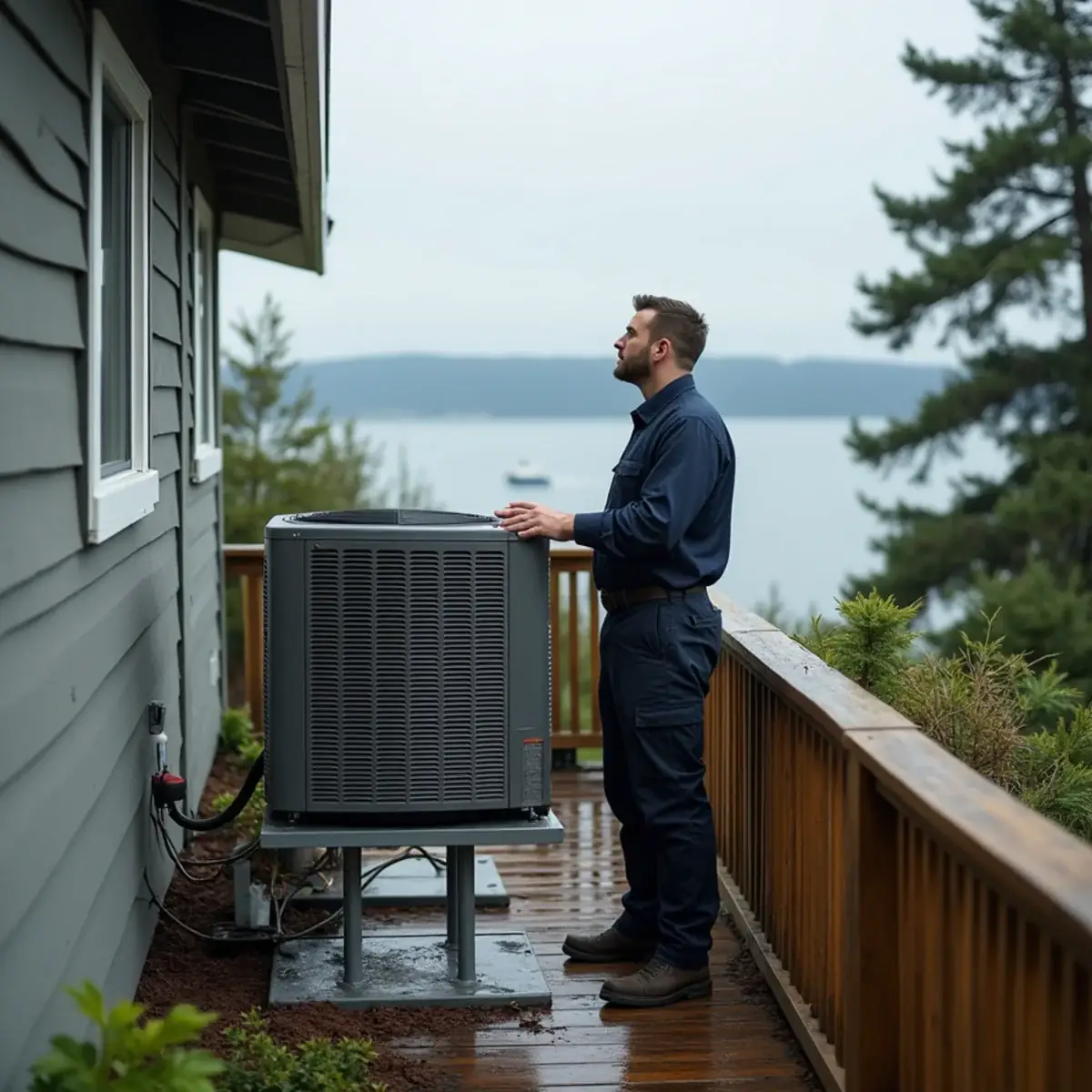 HVAC technician inspecting a heat pump on a raised stand at a bluff-top home in Kingston, WA