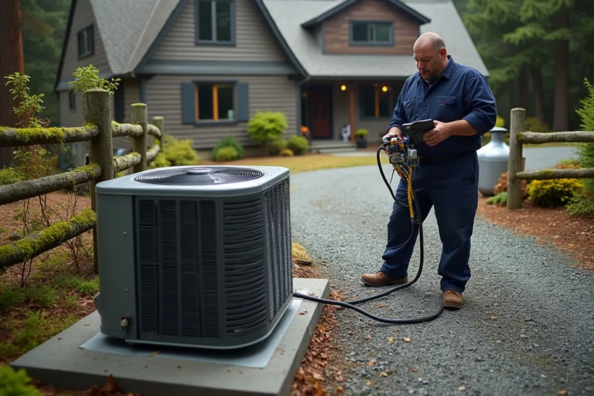 New heat pump installed beside a propane tank for a dual-fuel system at a rural home in Lakebay, WA