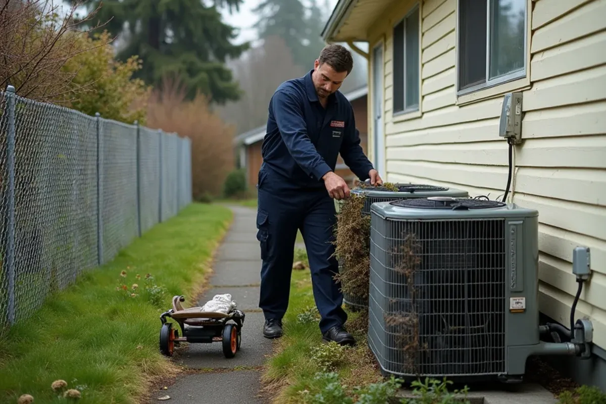Technician clearing shrubs from a neglected outdoor unit at a postwar rental rambler in Lakewood, WA