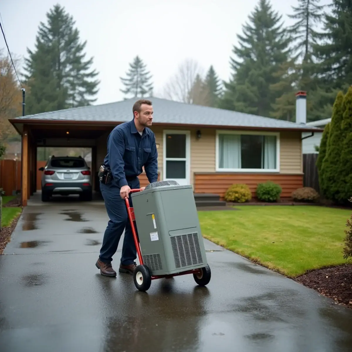 Technician replacing a furnace in a 1970s split-level rental home in Lakewood, WA
