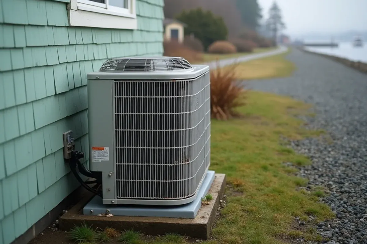 Corroded heat pump coil beside a beach cottage on Beach Drive E in Manchester, WA