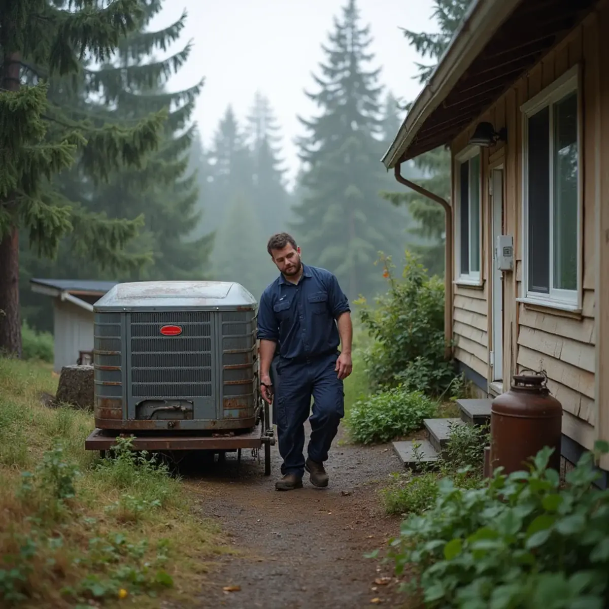HVAC technician removing an old oil furnace from a rural home in Mason County, WA near Hood Canal