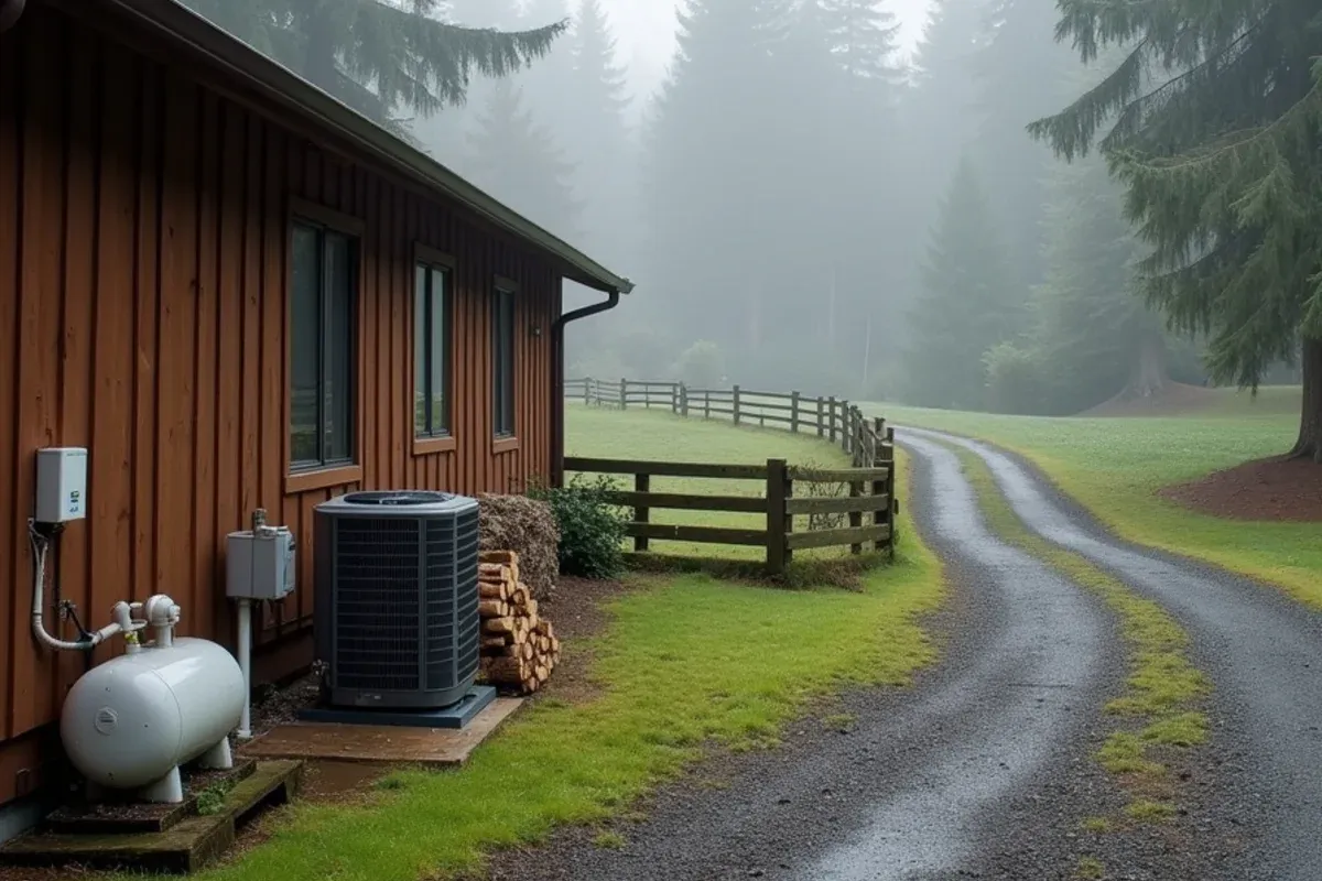 Heat pump and propane tank for a dual-fuel system at a 1970s home on acreage in Olalla, WA