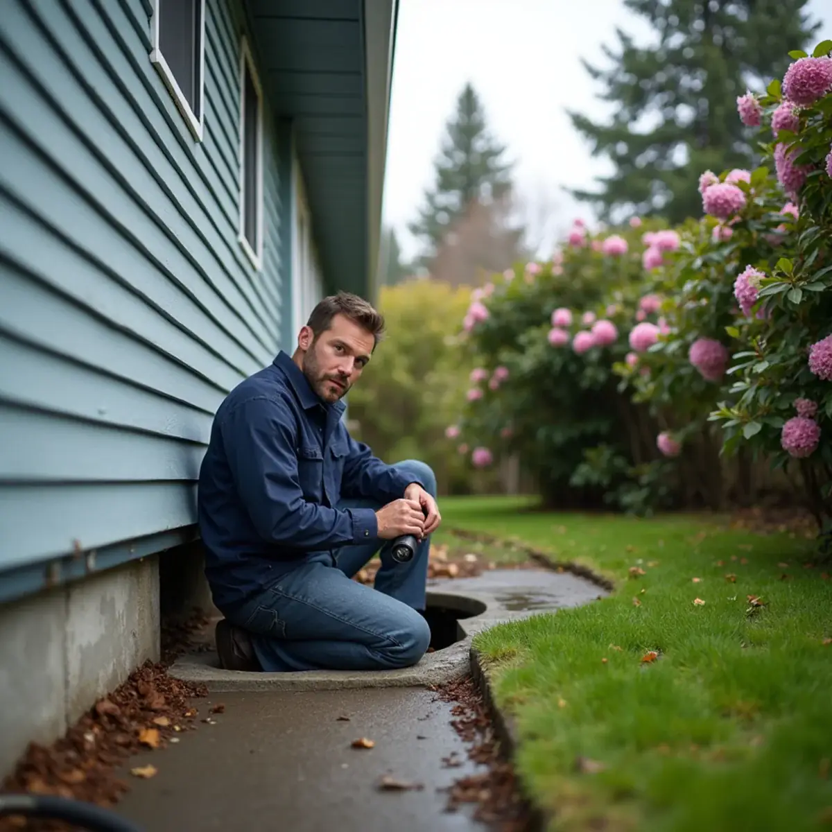 HVAC technician inspecting original crawl space ductwork under a 1960s rambler in Parkwood, WA