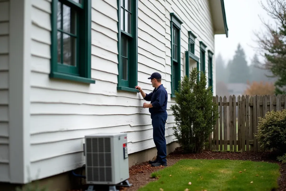 Ductless mini-split outdoor unit tucked behind a historic mill-town house in Port Gamble, WA