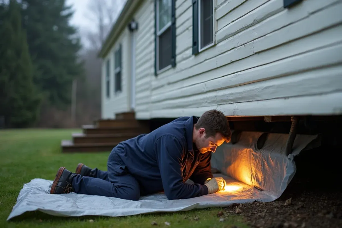 Technician replacing a crushed crossover duct under a manufactured home in Port Hadlock-Irondale, WA