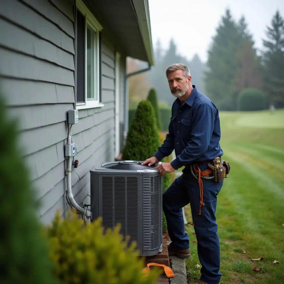 Technician replacing an older heat pump at a 1990s home in Port Ludlow, WA