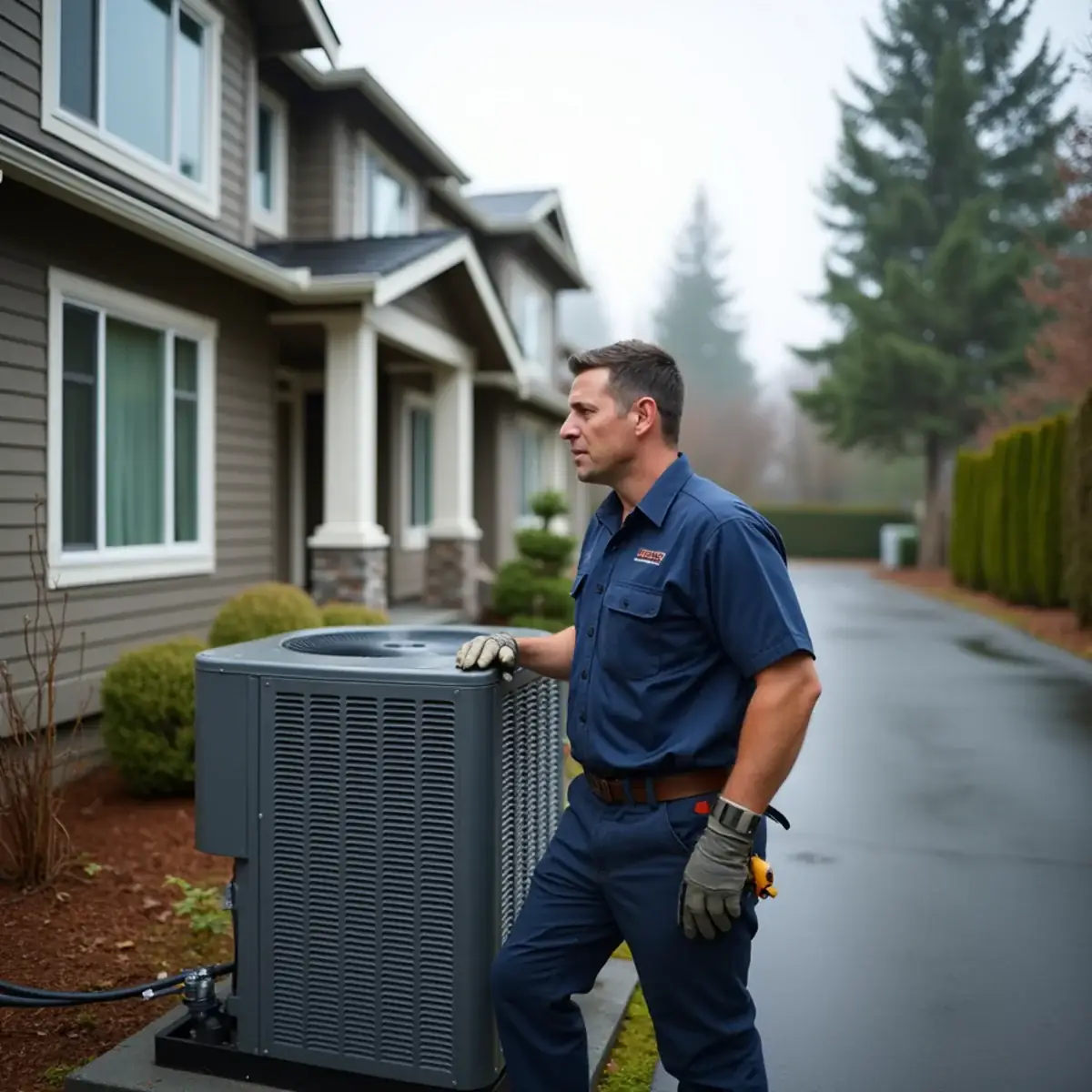 Technician servicing a heat pump at a newer two-story home in Port Orchard, WA