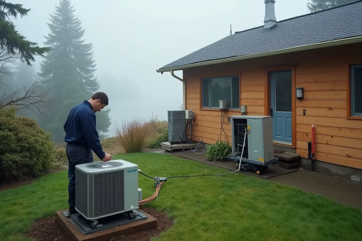 Heat pump replacing an electric furnace at a 1970s rambler above Henderson Bay in Purdy, WA