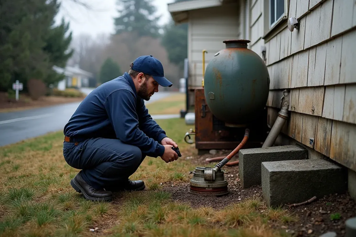 Technician inspecting an old heating oil tank beside a mill-era bungalow in Shelton, WA