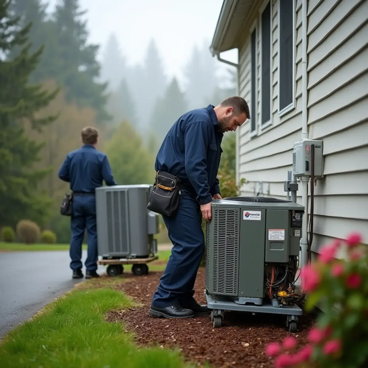HVAC technician replacing an older heat pump at a 1990s home in Silverdale, WA