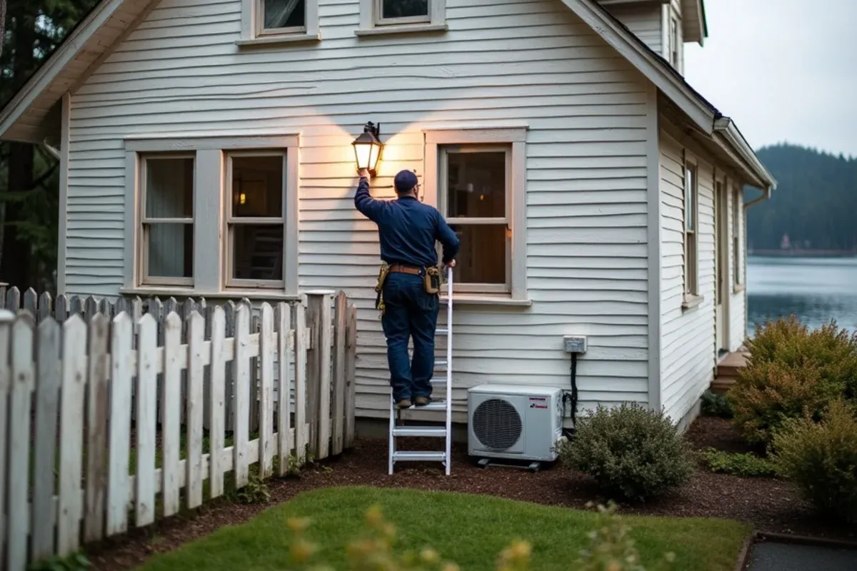 Discreet ductless outdoor unit behind a restored 19th-century house in Steilacoom’s historic district