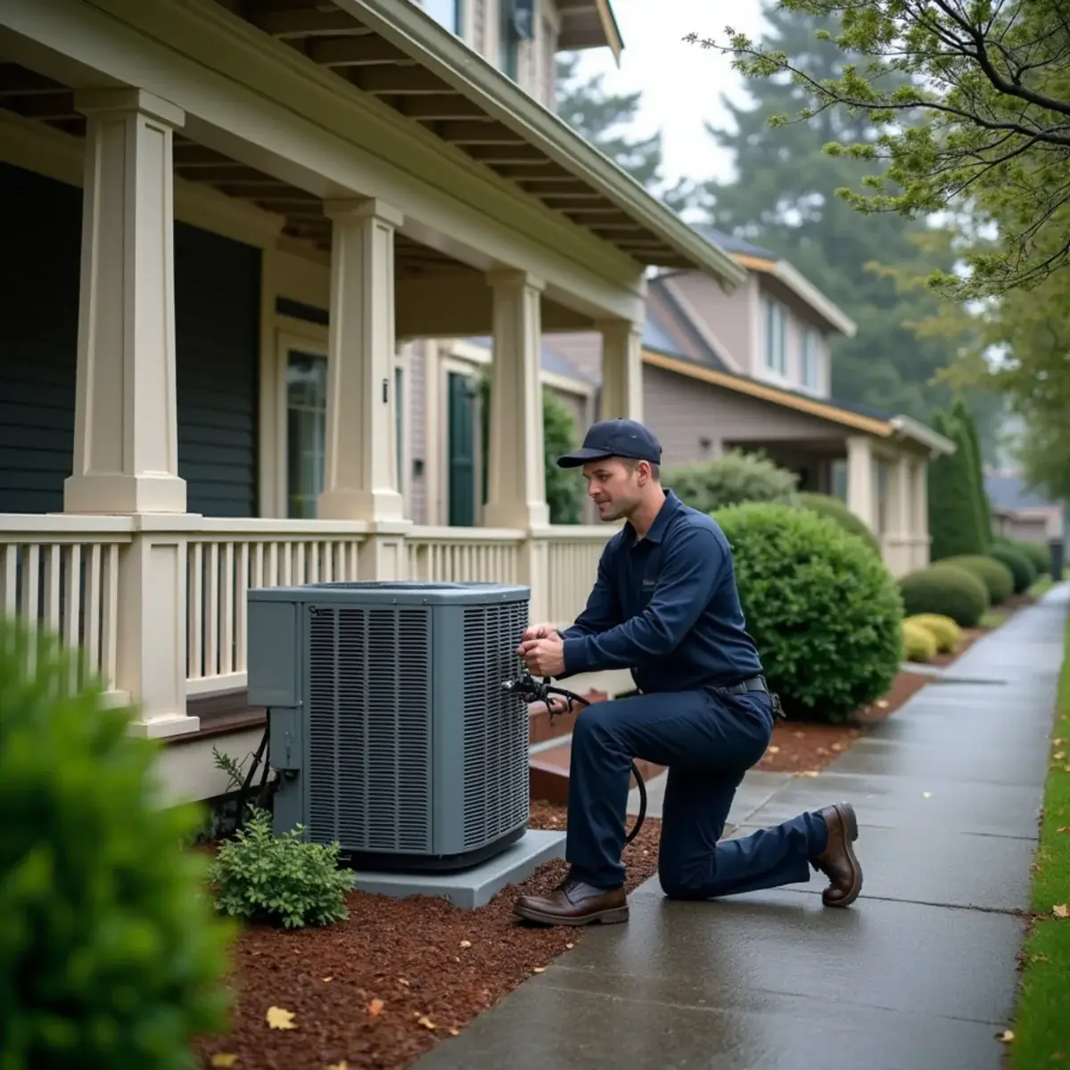 Technician installing a heat pump beside an early-1900s Craftsman home in Tacoma, WA