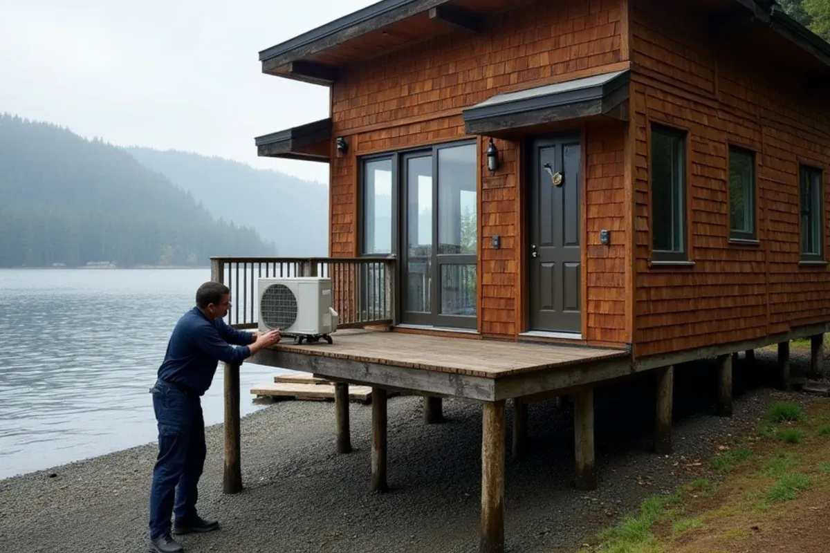 Ductless mini-split outdoor unit mounted on the sheltered side of a Hood Canal waterfront cabin in Union, WA