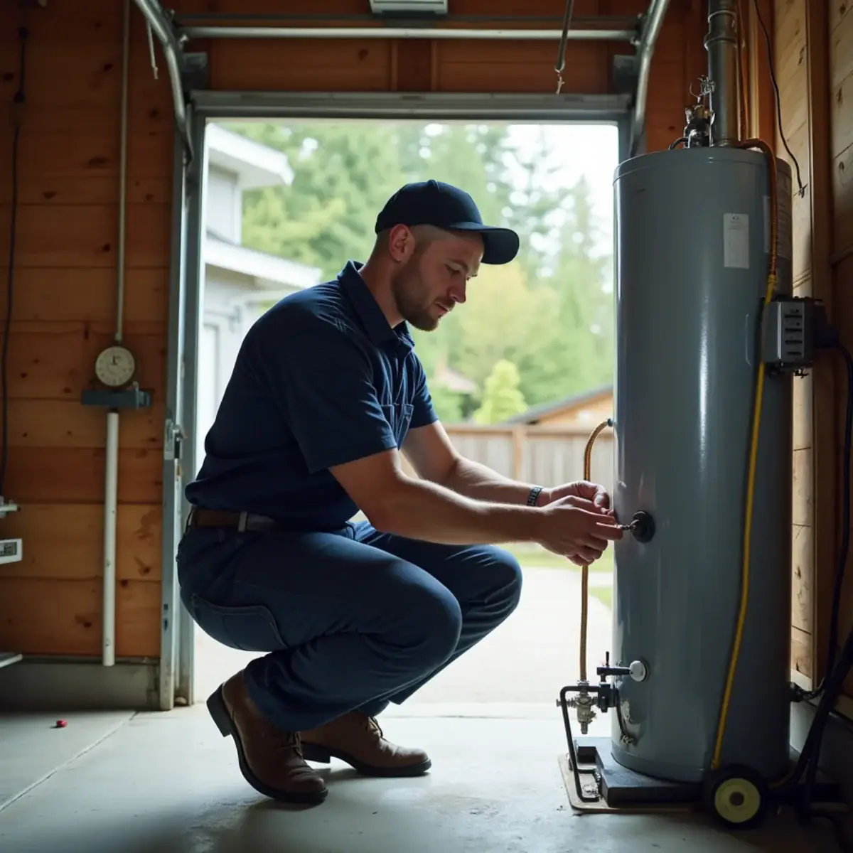 Technician installing seismic straps on a new water heater in a Bremerton, WA garage